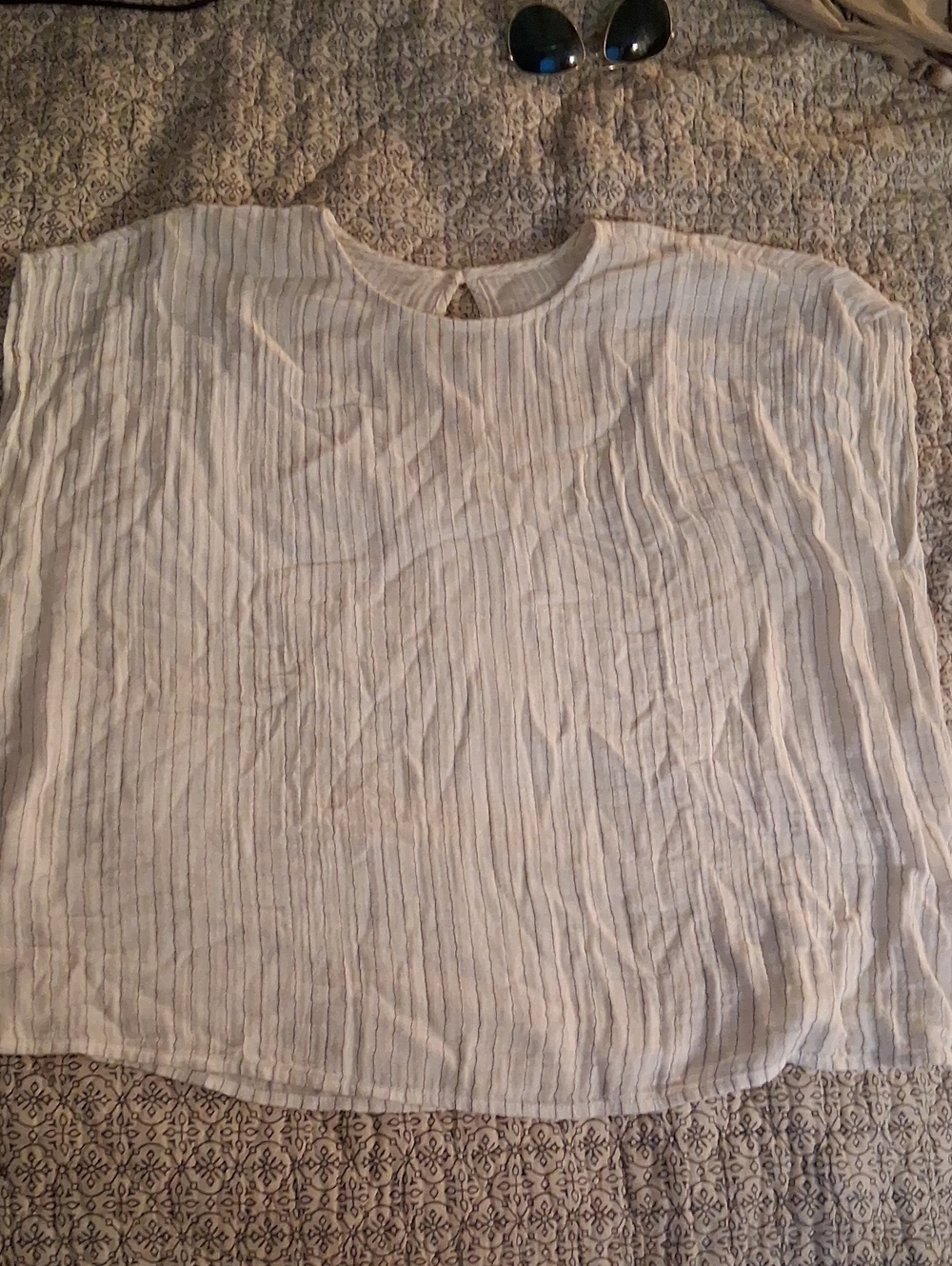 Organic Cotton Lightweight Striped Sheer Blouse in Off-White Sz L